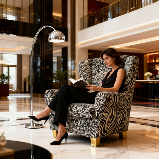 Moroccan handmade zebra cowhide armchair in design hotel space availble at the VVC SHOP 