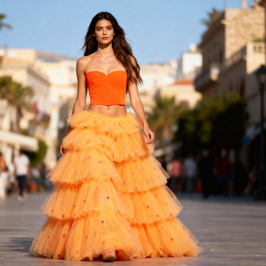orange bandeau top with VVC Design Skirt 