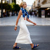 Blue and white fringed scarf worn around the neck in Boho style, lightweight and stylish, Sitia Crete