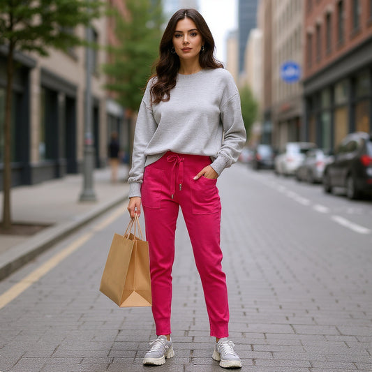 Front view of a woman wearing pink slim-fit fine-knit wool jogger trousers with an elastic waistband on a city street.