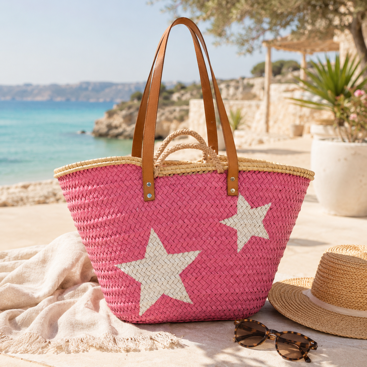 Handmade pink straw basket with white stars and long leather straps for shoulder carry.