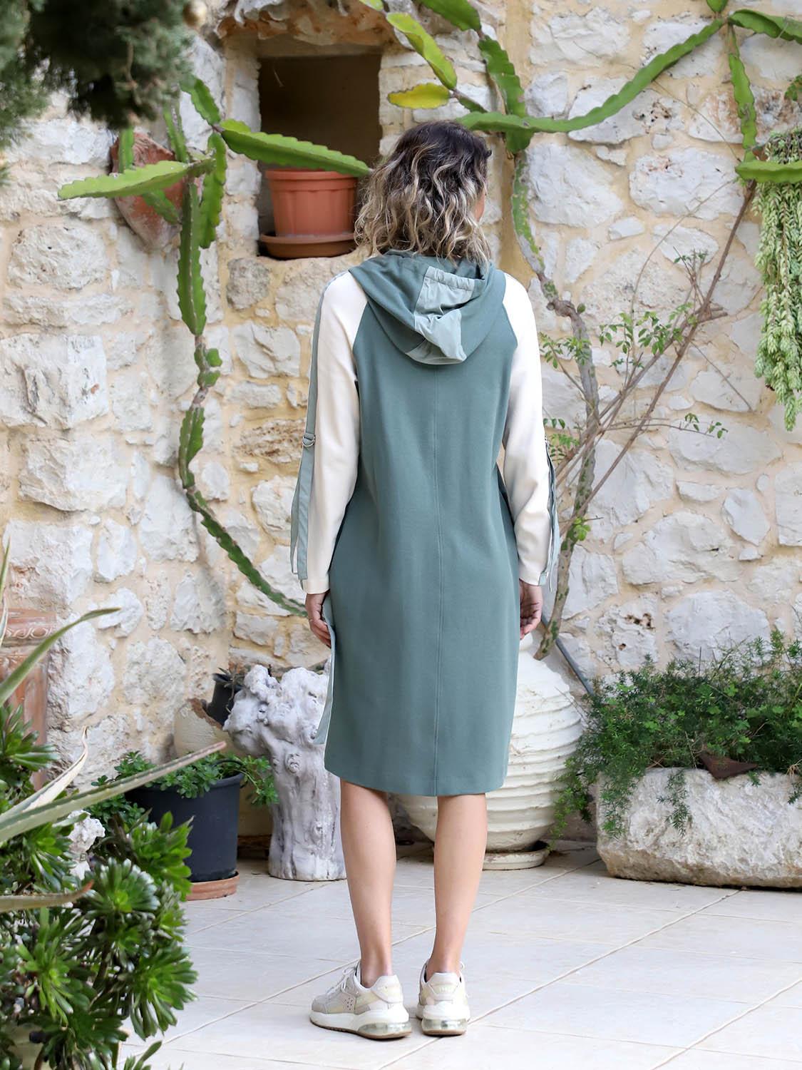 Back view of the Polin sporty hooded midi dress in mint, petrol and ecru with long sleeves and a relaxed silhouette.