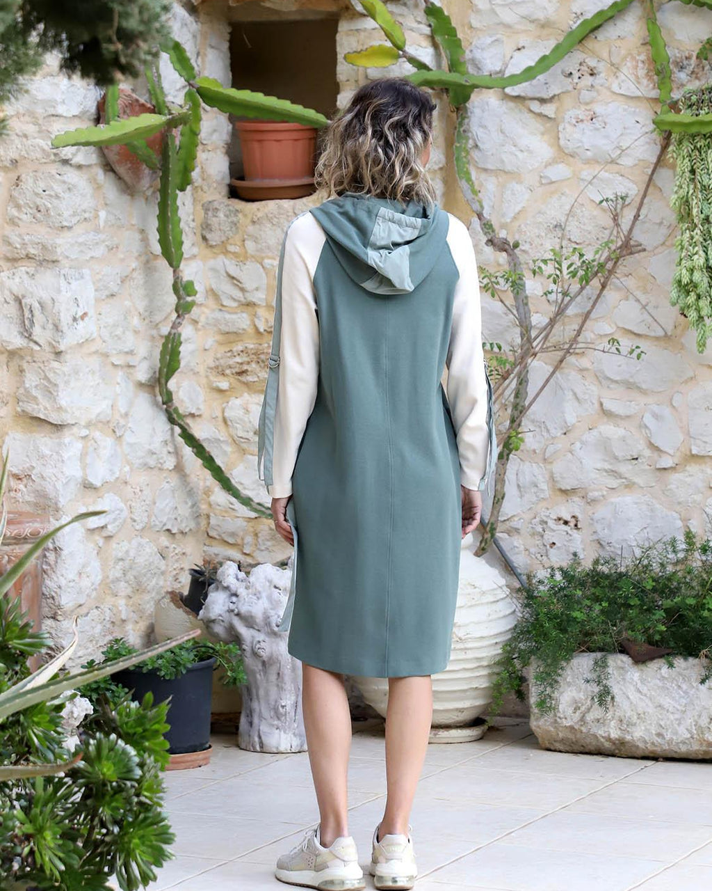 Sporty Hooded Midi Dress in Ecru - Petrol and Mint VVC - Shop Sporty Hooded Midi Dress in Ecru - Petrol and Mint VVC - Shop