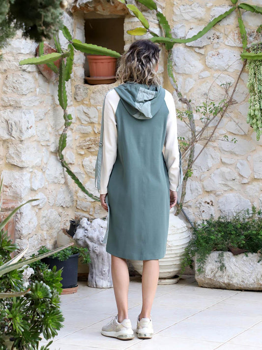 Back view of mint petrol and ecru hooded midi dress with long sleeves, sporty casual look by Polin