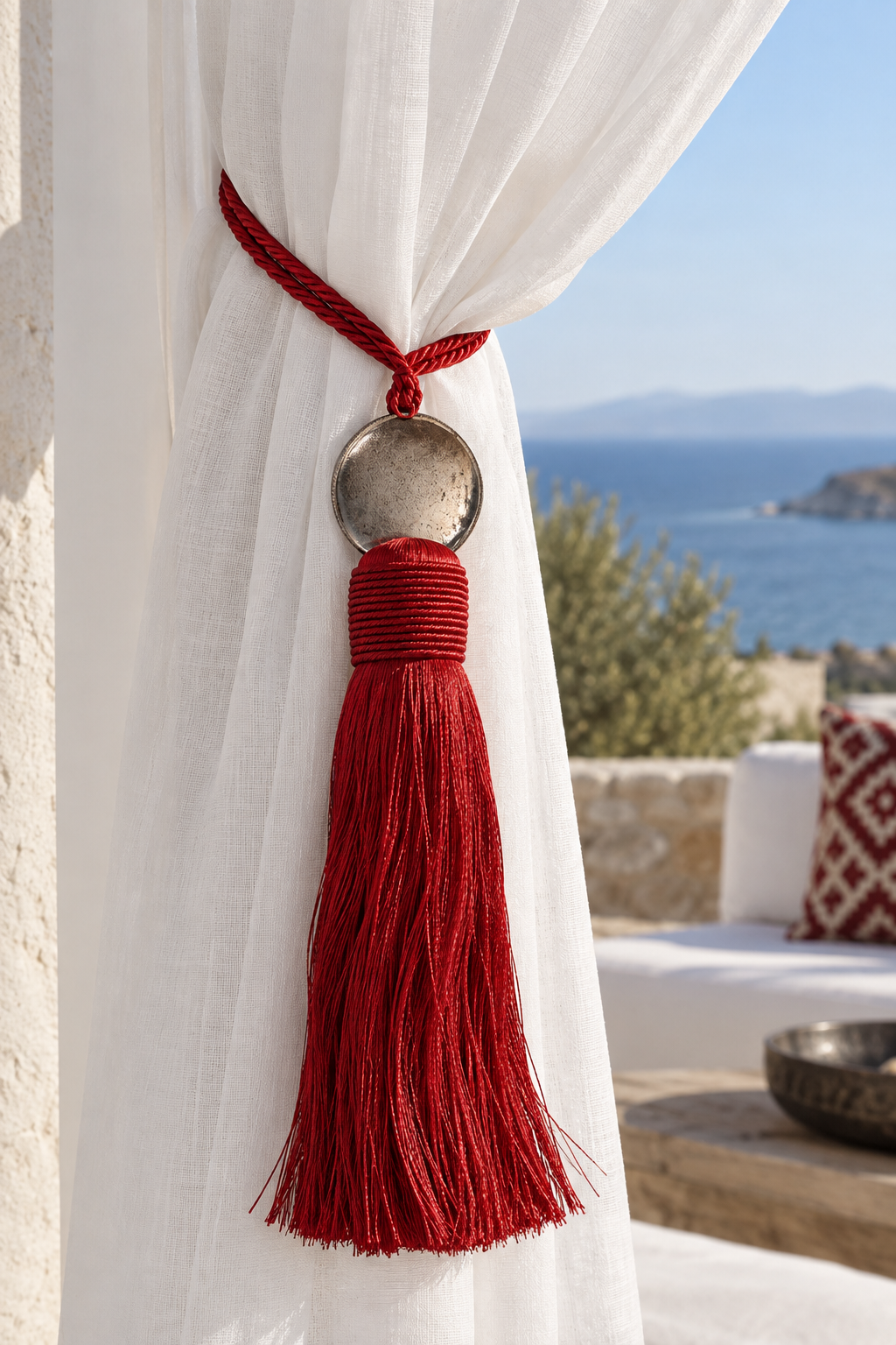 Red Moroccan-style curtain tassel tieback with round aluminium disc, fine satin fringes and twisted tie cords.