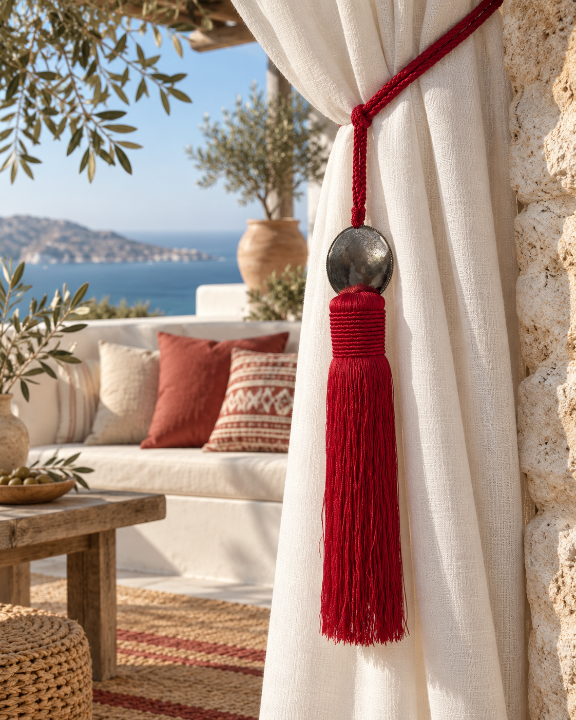 Red Moroccan-style curtain tassel tieback with aluminium disc on a white outdoor curtain, styled with Cretan-inspired cushions and Mediterranean decor.