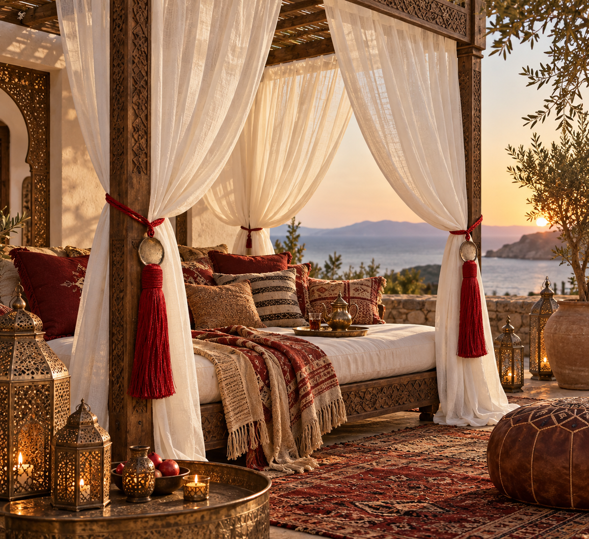 Red Moroccan-style curtain tieback with patina aluminium disc on an outdoor canopy bed in Sitia, Crete, styled with warm earth-tone cushions, rugs and lanterns.