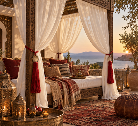 Red Moroccan-style curtain tieback with patina aluminium disc on an outdoor canopy bed in Sitia, Crete, styled with warm earth-tone cushions, rugs and lanterns.