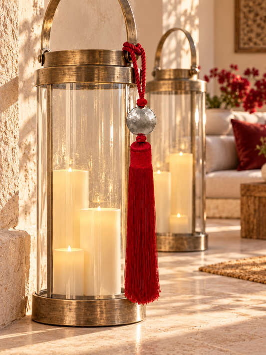 Red XXL Moroccan tassel attached to oversized glass hurricane lanterns with ivory pillar candles in a Mediterranean living room.