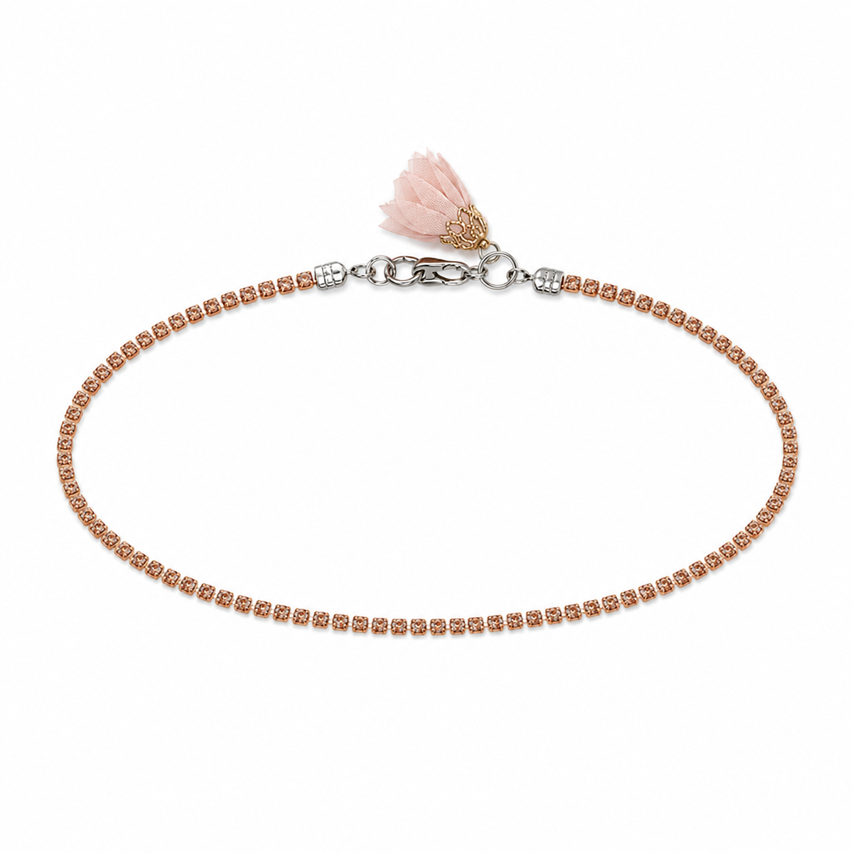 Rose-nude rhinestone choker necklace with centred blush textile flower on a white background by VVC.