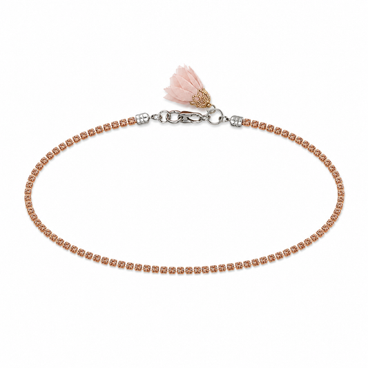 Rose-nude rhinestone choker necklace with centred blush textile flower on a white background by VVC.