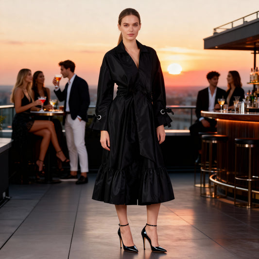 Front view of a woman wearing the Say black ruffle midi dress with a V-neck, wide ruffles and adjustable belt in an evening setting.