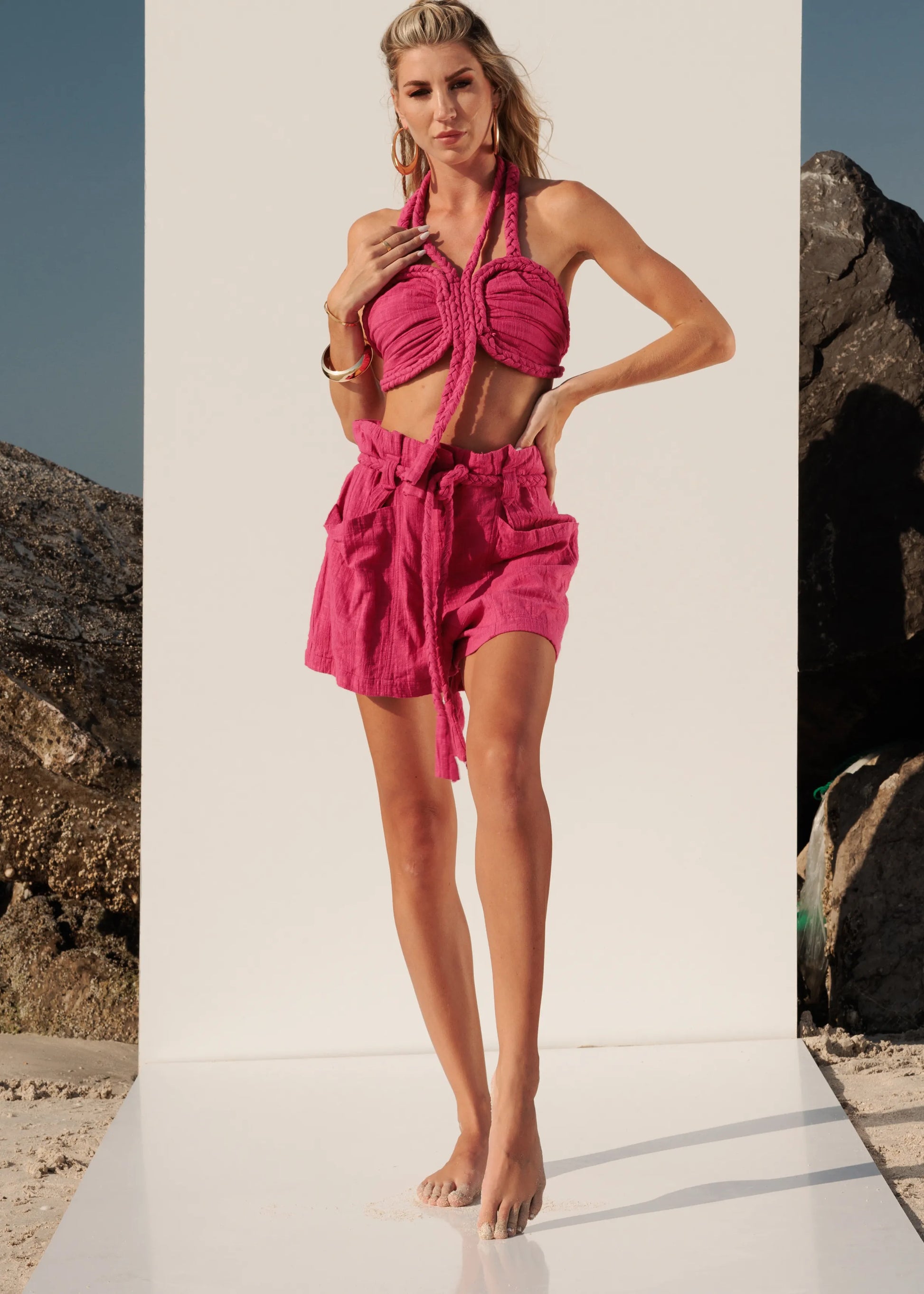 Fuchsia cotton crape summer set with shorts, braided belt and halter top full front view