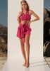Fuchsia cotton crape summer set with shorts, braided belt and halter top full front view
