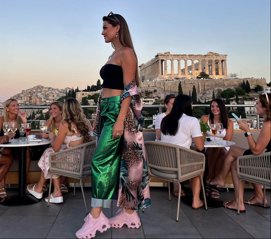 Side view of long pink animal print Italian silk kimono by VVC, luxury evening outfit with casual flowing fit.