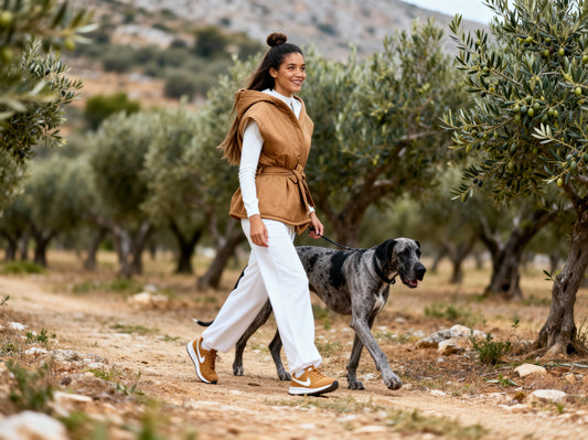 Side view of Camel brown Daunt Vest tied at the waist, hip-length Italian fashion piece