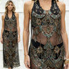 Close-up of hand-stitched sequins on VVC brown maxi cover-up