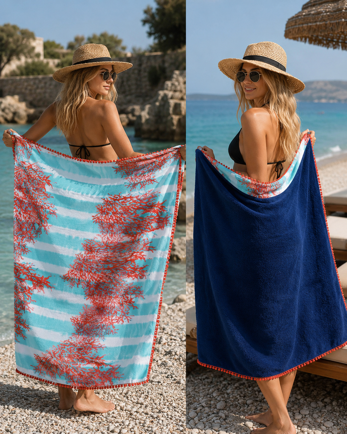 Coral tie-dye MiandMi pareo beach towel styled for luxury Greek island holidays and beach escapes in Sitia Crete