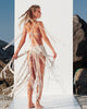 Tulum boho fringe wrap skirt in movement, featuring long cotton fringes, shells and sequins for beach and festival outfits.