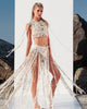 Full front view of the Tulum long fringe wrap skirt with shells, styled for beach parties, festivals and resort wear in Crete.