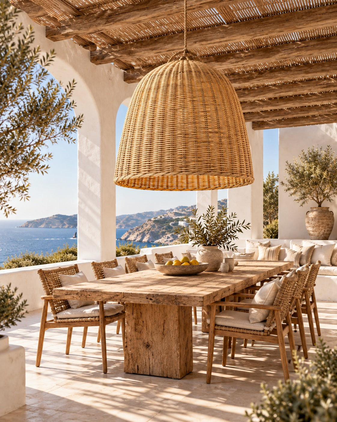 VVC monumental natural raffia lampshade 113 cm styled above a Mediterranean terrace dining table