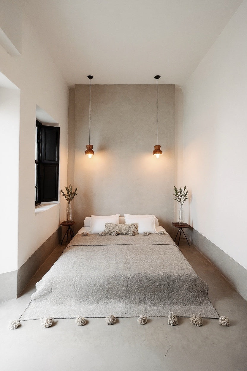 VVC™ gray small blanket styled on bed with visible pompoms, Moroccan handmade design.