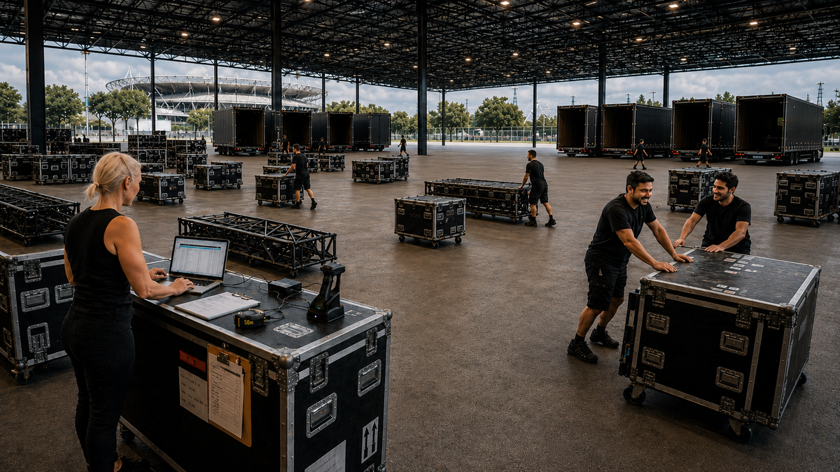 Viktoria Vigh coordinating stacked and moving flightcases across a level covered stadium load-out area with ten tour trucks.