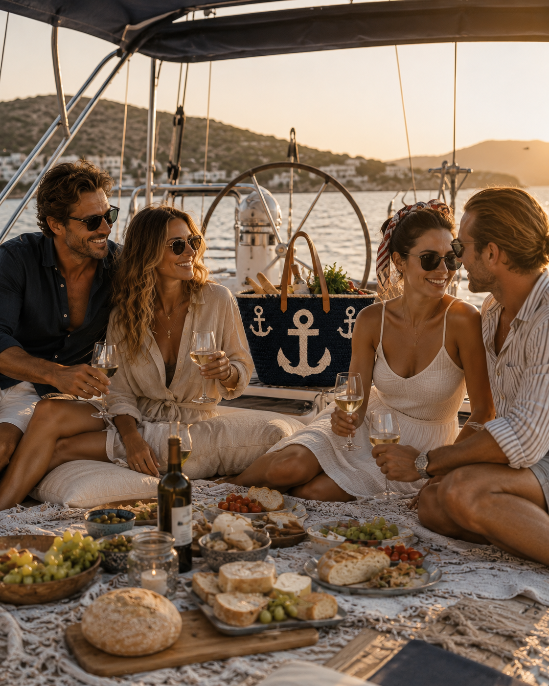 Friends enjoying a sunset picnic on a sailing boat in Greece with a handmade VVC™ anchor basket. Luxury beach bag, shopping tote, travel basket and memorable gift idea from Sitia, Crete.