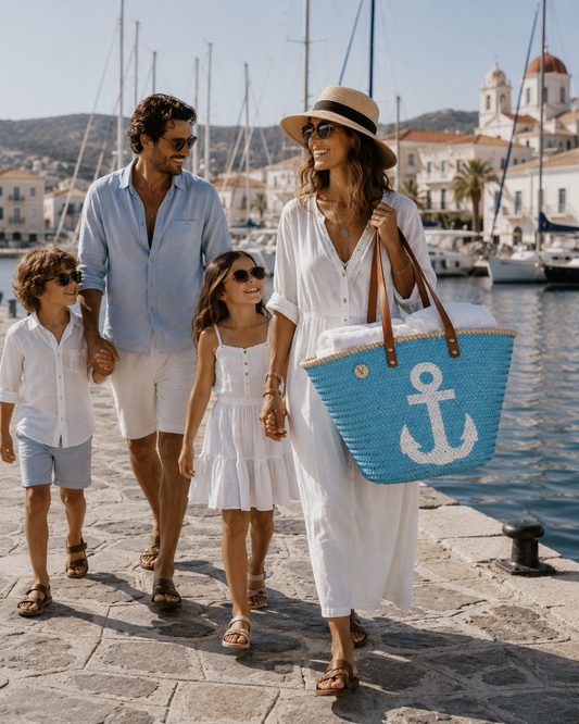 Family walking along Sitia harbour in Crete carrying a handmade VVC™ anchor beach basket filled with white towels. Luxury beach bag, shopping tote and travel basket inspired by Mediterranean family life.