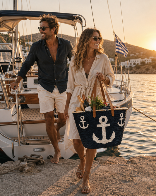 Stylish couple leaving a sailing boat in Crete carrying a handmade VVC™ anchor beach basket filled with wine and local food. Luxury beach bag, travel tote and unique gift idea from Sitia, Crete.
