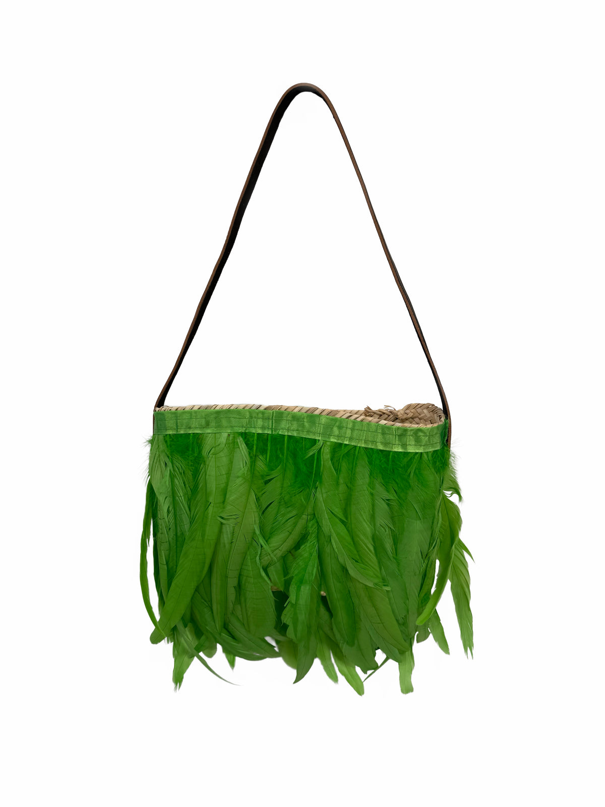 Back view of apple green feather raffia shoulder bag with black strap, handmade in Greece by VVC