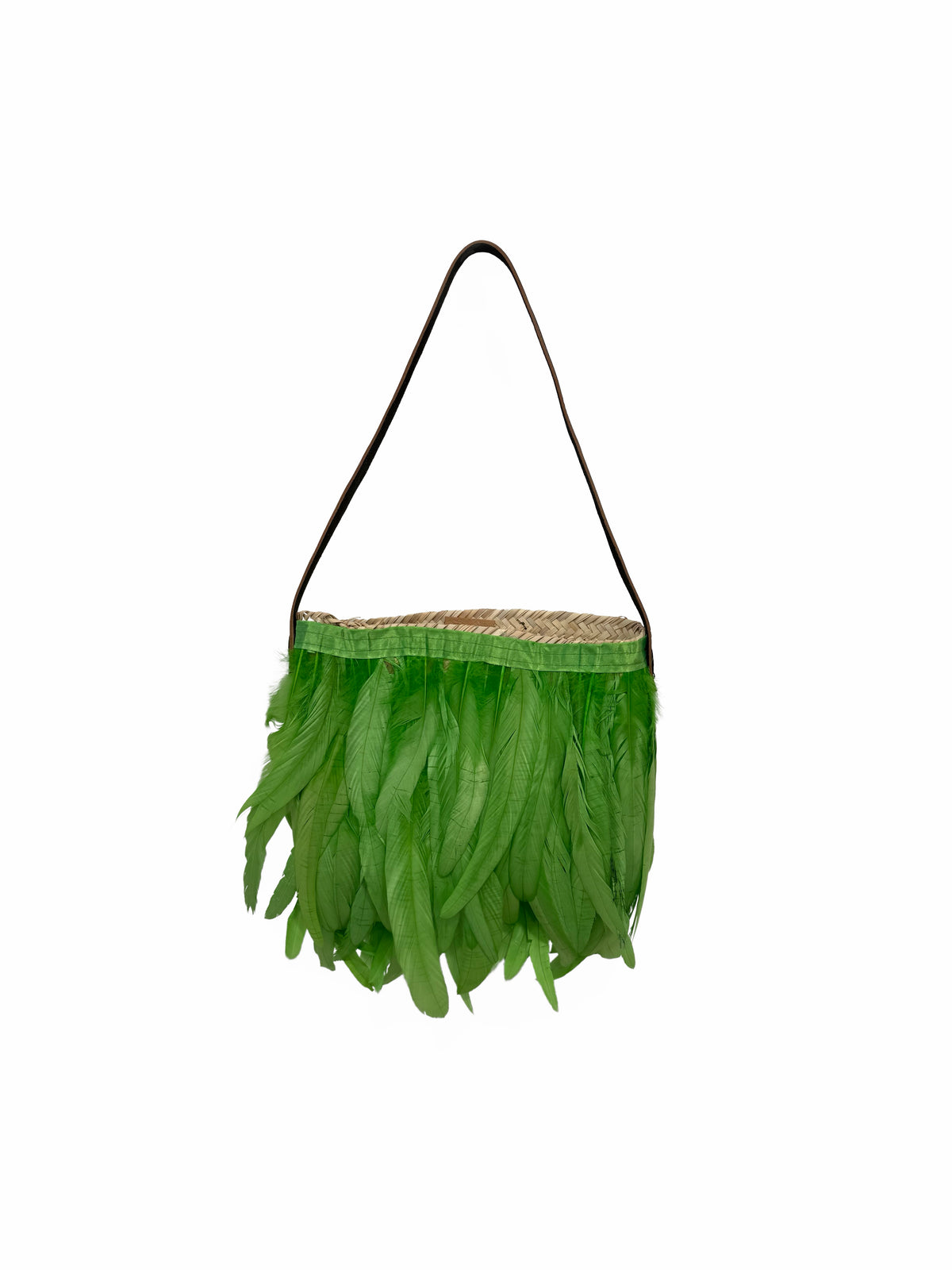 Front view of handmade raffia small shoulder bag with bright apple green feathers by VVC, made in Sitia Crete, Greece