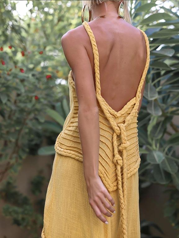 Back view of Athena maxi dress showing lace tie and folded waist detail