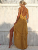 Front view of VVC Athena asymmetrical mullet maxi dress with knot neckline