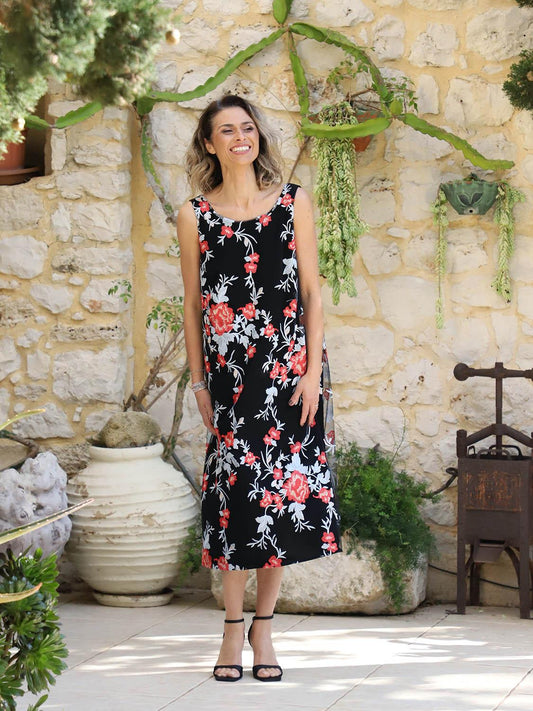 Front view of VVC backless midi floral lace dress in black with soft viscose lining, summer dress made in Greece at VVC SHOP Sitia Crete
