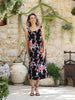 Front view of VVC backless midi floral lace dress in black with soft viscose lining, summer dress made in Greece at VVC SHOP Sitia Crete