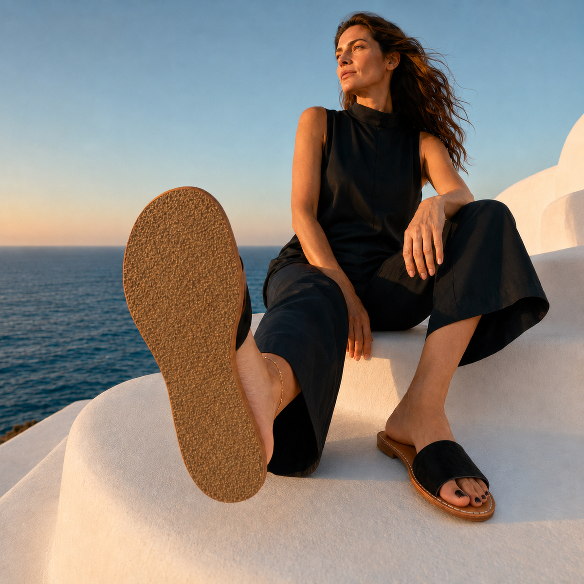 Woman displaying the anti-slip rubber sole of black cowhide leather sandals by VVC on Greek island steps in Crete.