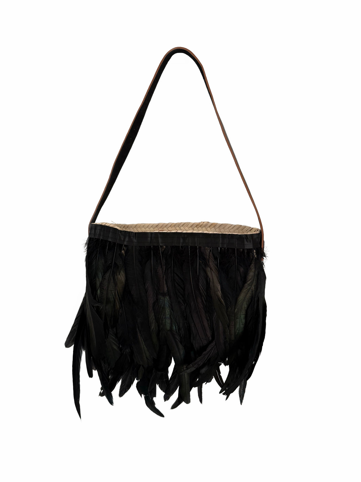 Front view of a VVC™ black feather shoulder bag made from natural raffia with elegant leather strap and handcrafted Greek design.