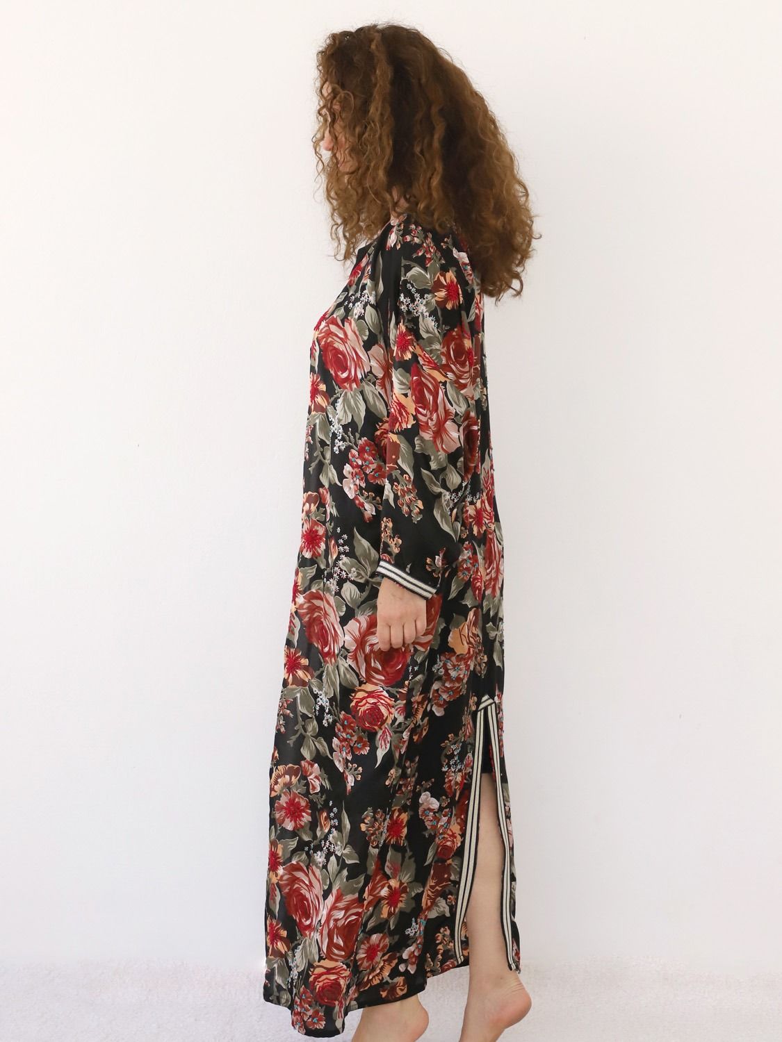 Back side view of black floral Italian silk kimono by VVC, handmade in Greece from Dolce & Gabbana fabric with luxury resortwear style