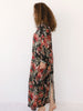 Back side view of black floral Italian silk kimono by VVC, handmade in Greece from Dolce & Gabbana fabric with luxury resortwear style