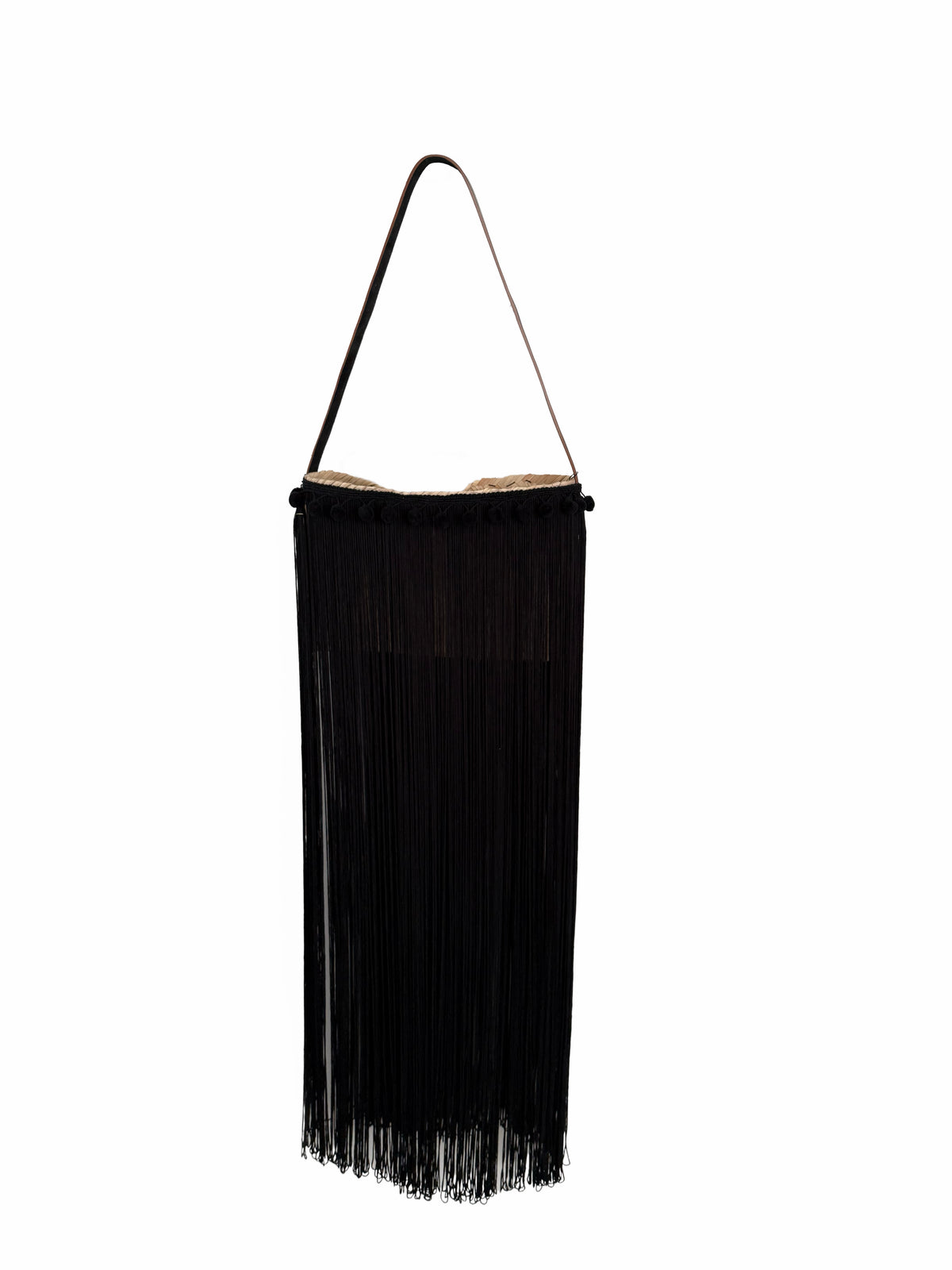 VVC handmade boho shoulder bag with black pompom decor, natural raffia body and extra long black satin fringes