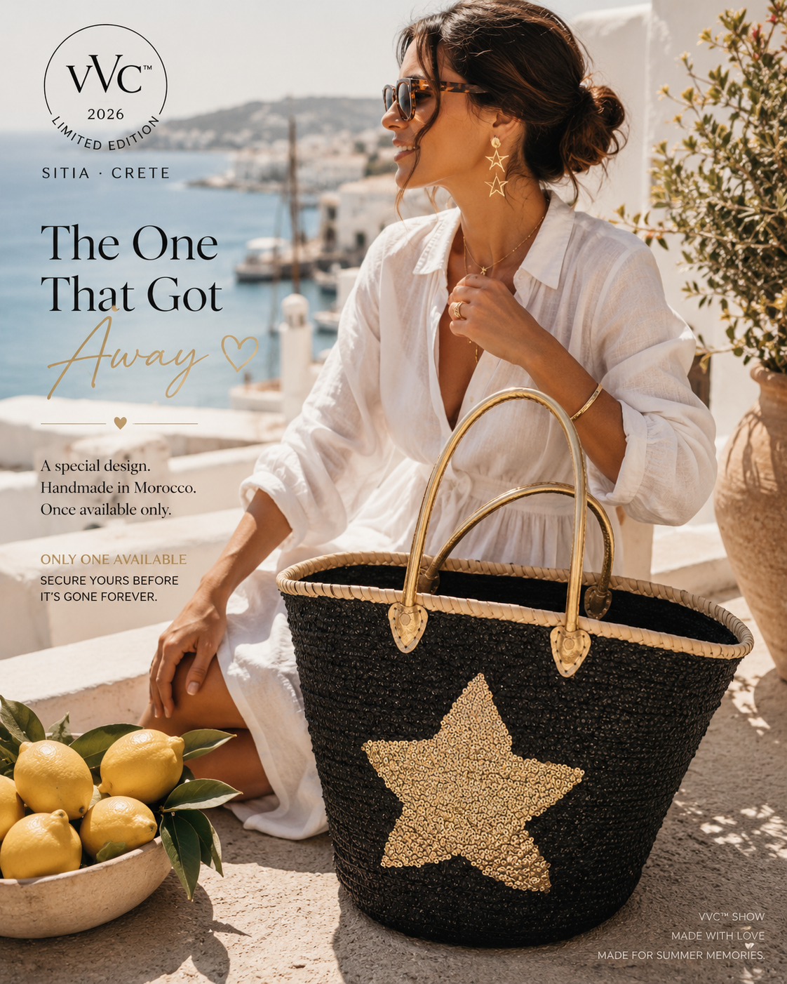 Luxury VVC™ black and gold star beach basket styled on the coast of Crete. Handmade designer beach bag with spacious interior for travel, shopping and summer holidays.