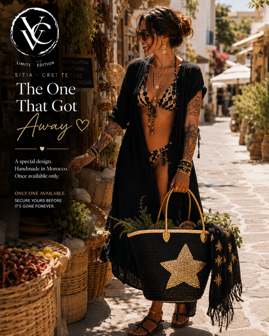 Handmade VVC™ black sequin beach basket with gold star detail and gold handles. Luxury designer beach bag, cabin luggage basket and shopping tote available in Sitia, Crete.