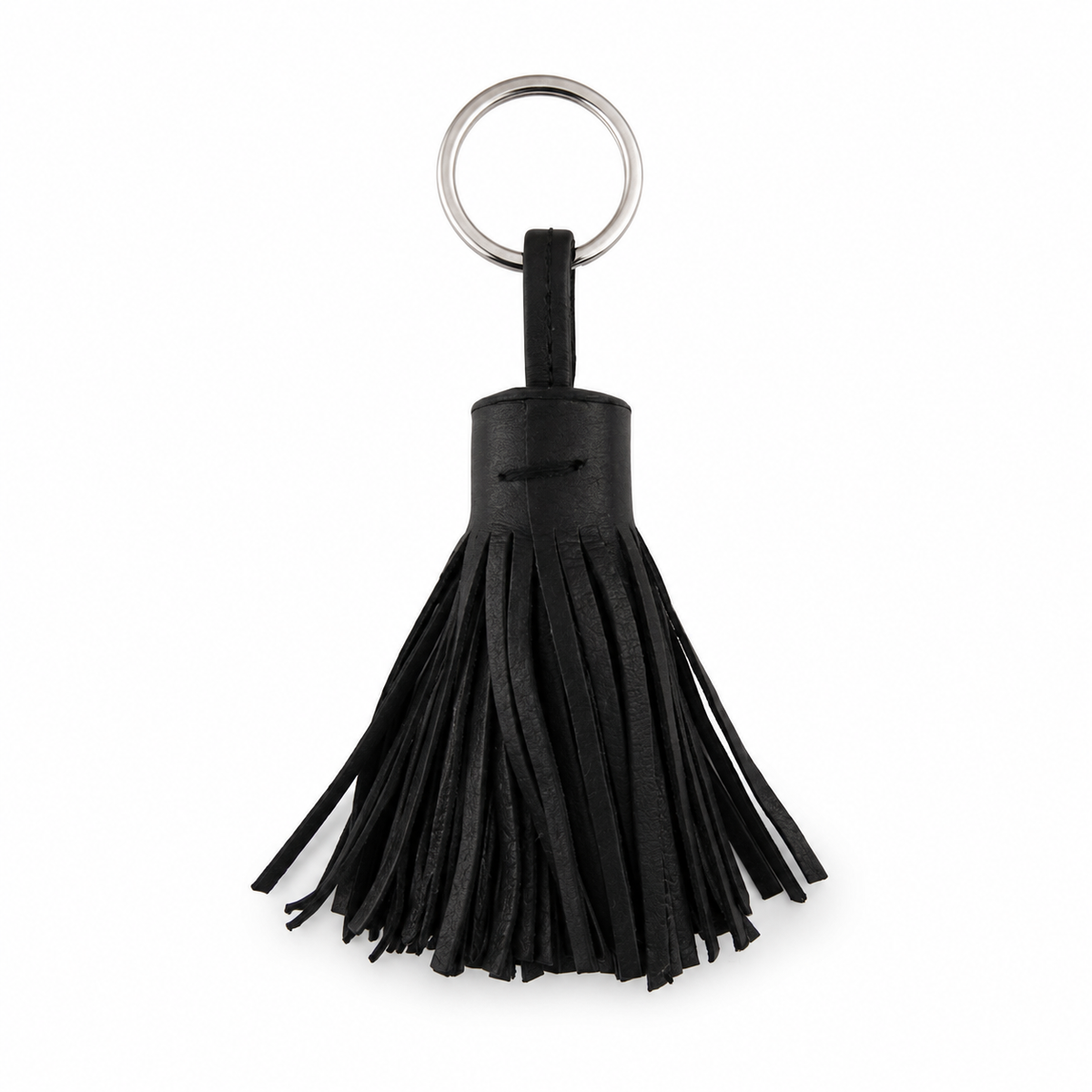 VVC black leather tassel key chain with stainless steel ring, 11 cm handmade leather keyring made in Crete, Greece