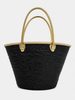 Back view of handmade VVC™ black sequin basket with gold handles. Luxury beach bag, travel tote and stylish hand luggage for Mediterranean holidays in Crete.