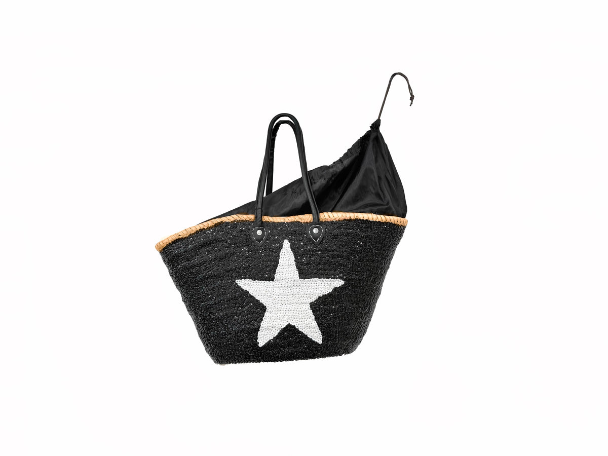Black sequin raffia beach basket with white star by VVC in Sitia Crete