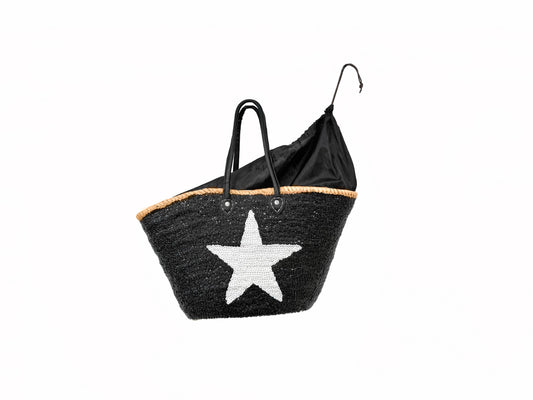 Black sequin raffia beach basket with white star by VVC in Sitia Crete