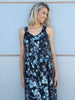 Model wearing the VVC blue-and-black hand-embroidered floral sequin mullet dress, front view.