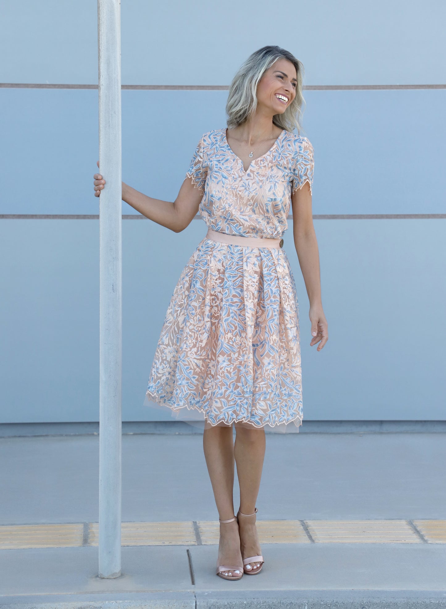 VVC blue floral sequin knee-length skirt with soft salmon base, A-line fit and viscose lining, made in Greece
