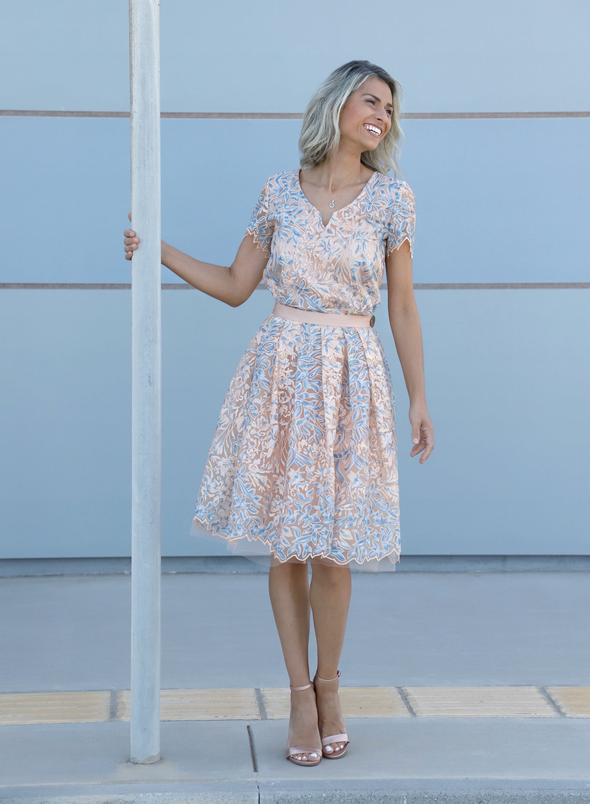 VVC blue floral sequin knee-length skirt with soft salmon base, A-line fit and viscose lining, made in Greece